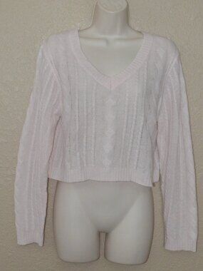 Sz S Sablyn Light Pink Cashmer Cable-Knit Cropped V-Neck Sweater